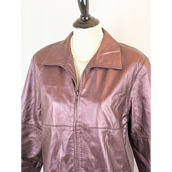 Womens Vintage Metallic Mauve Leather Jacket Ladies Small 1990s 3/4 Sleeve Coat - Picture 3 of 10